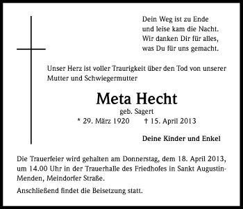 Anzeige von Meta Hecht von Kölner Stadt-Anzeiger / Kölnische Rundschau / Express