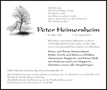 Anzeige von Peter Heimersheim von Kölner Stadt-Anzeiger / Kölnische Rundschau / Express