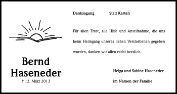 Anzeige von Bernd Haseneder von Kölner Stadt-Anzeiger / Kölnische Rundschau / Express