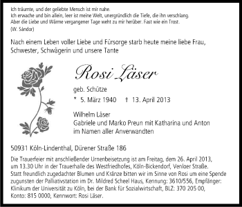 Anzeige von Rosi Läser von Kölner Stadt-Anzeiger / Kölnische Rundschau / Express