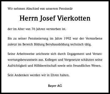 Anzeige von Josef Vierkotten von Kölner Stadt-Anzeiger / Kölnische Rundschau / Express
