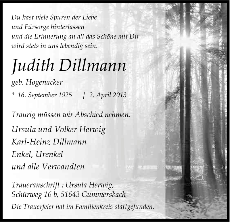  Traueranzeige für Judith Dillmann vom 17.04.2013 aus Kölner Stadt-Anzeiger / Kölnische Rundschau / Express