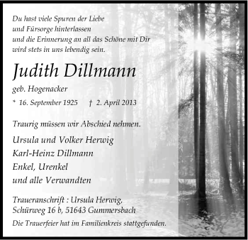 Anzeige von Judith Dillmann von Kölner Stadt-Anzeiger / Kölnische Rundschau / Express