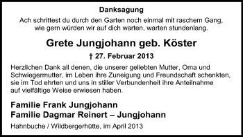 Anzeige von Grete Jungjohann von Kölner Stadt-Anzeiger / Kölnische Rundschau / Express