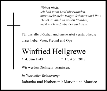Anzeige von Winfried Hellgrewe von Kölner Stadt-Anzeiger / Kölnische Rundschau / Express