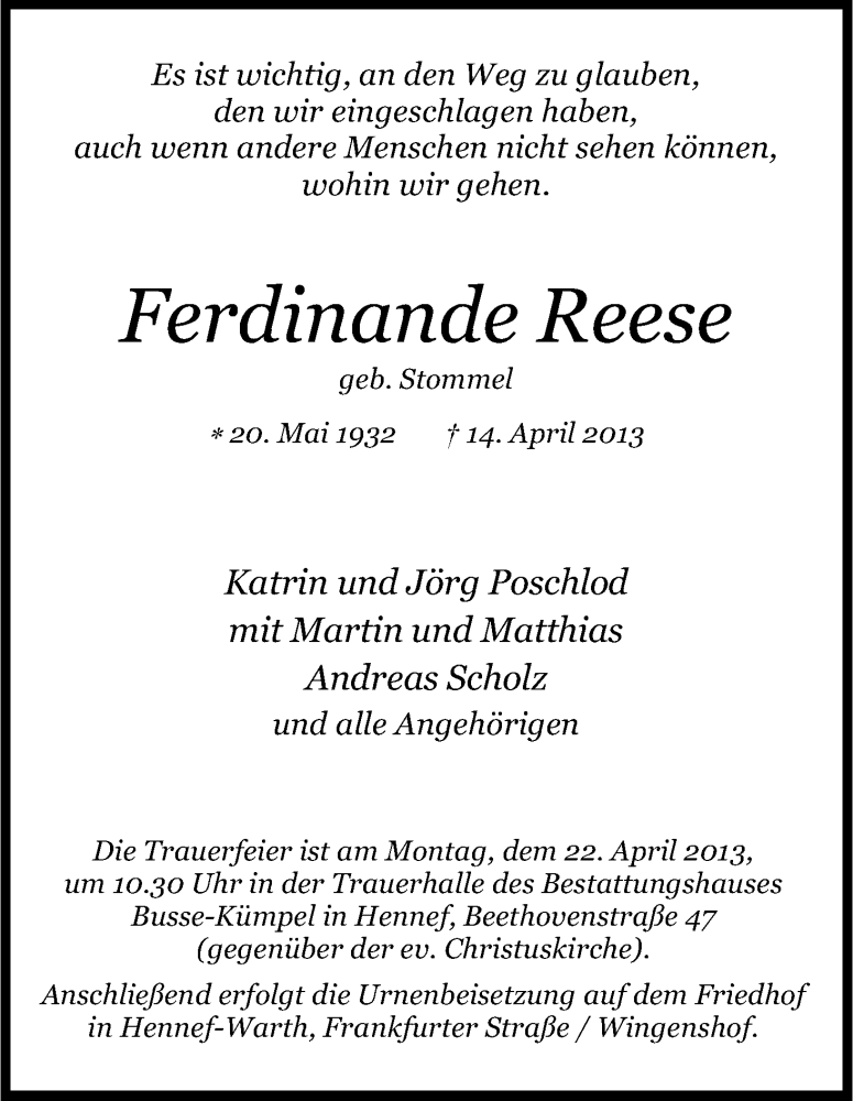  Traueranzeige für Ferdinande Reese vom 18.04.2013 aus Kölner Stadt-Anzeiger / Kölnische Rundschau / Express