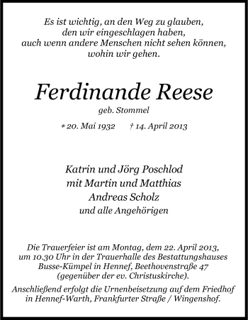 Anzeige von Ferdinande Reese von Kölner Stadt-Anzeiger / Kölnische Rundschau / Express