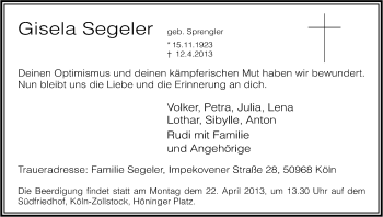 Anzeige von Gisela Segeler von Kölner Stadt-Anzeiger / Kölnische Rundschau / Express