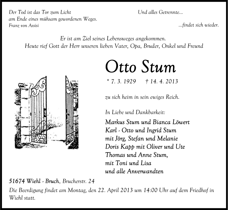  Traueranzeige für Otto Stum vom 18.04.2013 aus Kölner Stadt-Anzeiger / Kölnische Rundschau / Express