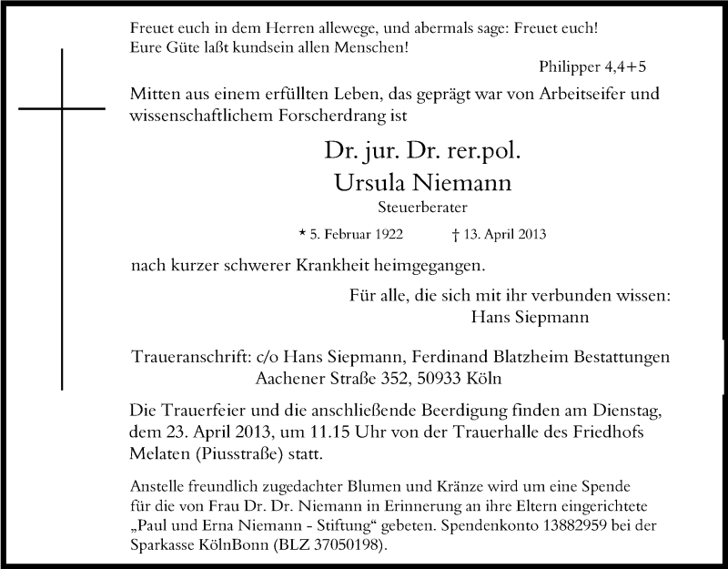  Traueranzeige für Ursula Niemann vom 18.04.2013 aus Kölner Stadt-Anzeiger / Kölnische Rundschau / Express