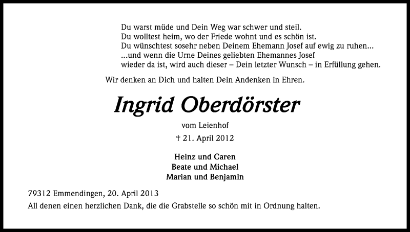  Traueranzeige für Ingrid Oberdörster vom 20.04.2013 aus Kölner Stadt-Anzeiger / Kölnische Rundschau / Express