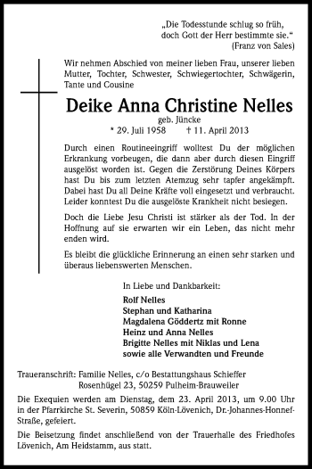Anzeige von Deike Anna Christine Nelles von Kölner Stadt-Anzeiger / Kölnische Rundschau / Express