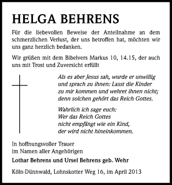 Anzeige von Helga Behrens von Kölner Stadt-Anzeiger / Kölnische Rundschau / Express