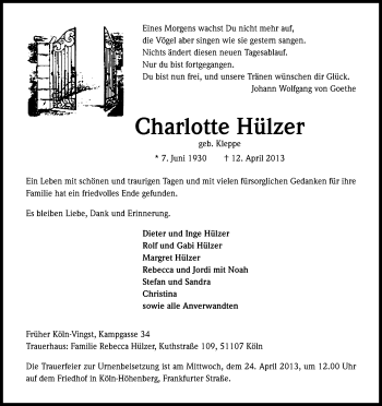 Anzeige von Charlotte Hülzer von Kölner Stadt-Anzeiger / Kölnische Rundschau / Express