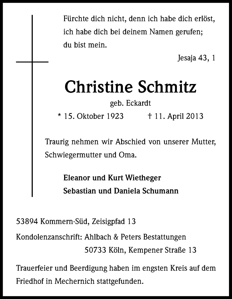  Traueranzeige für Christine Schmitz vom 20.04.2013 aus Kölner Stadt-Anzeiger / Kölnische Rundschau / Express