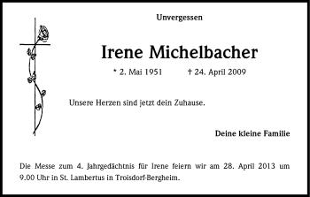 Anzeige von Irene Michelbacher von Kölner Stadt-Anzeiger / Kölnische Rundschau / Express