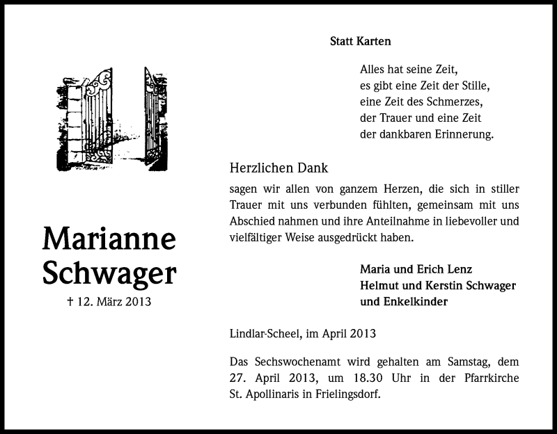 Traueranzeige für Marianne Schwager vom 20.04.2013 aus Kölner Stadt-Anzeiger / Kölnische Rundschau / Express