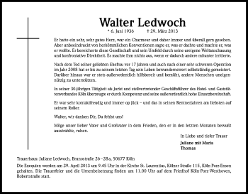 Anzeige von Walter Ledwoch von Kölner Stadt-Anzeiger / Kölnische Rundschau / Express