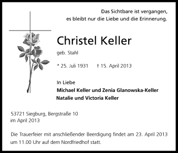 Anzeige von Christel Keller von Kölner Stadt-Anzeiger / Kölnische Rundschau / Express