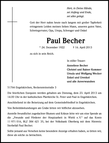 Anzeige von Paul Becher von Kölner Stadt-Anzeiger / Kölnische Rundschau / Express