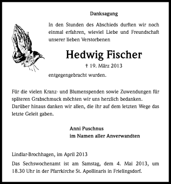 Anzeige von Hedwig Fischer von Kölner Stadt-Anzeiger / Kölnische Rundschau / Express