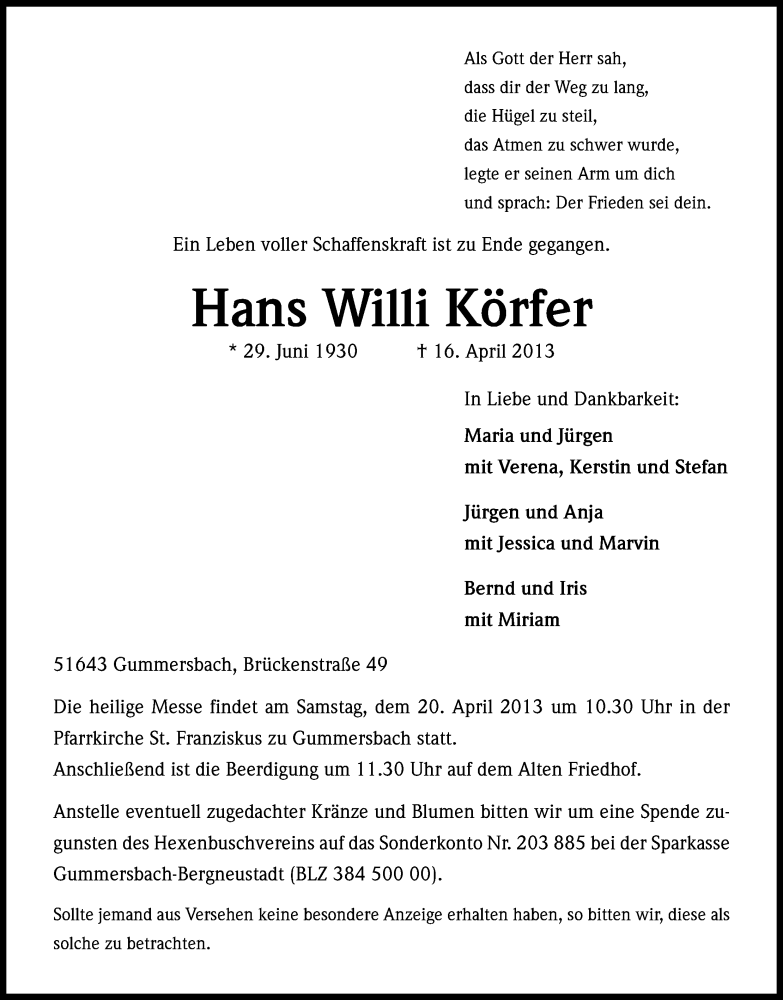  Traueranzeige für Hans Willi Körfer vom 18.04.2013 aus Kölner Stadt-Anzeiger / Kölnische Rundschau / Express