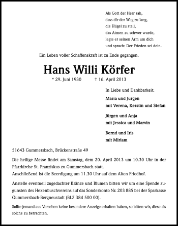 Anzeige von Hans Willi Körfer von Kölner Stadt-Anzeiger / Kölnische Rundschau / Express