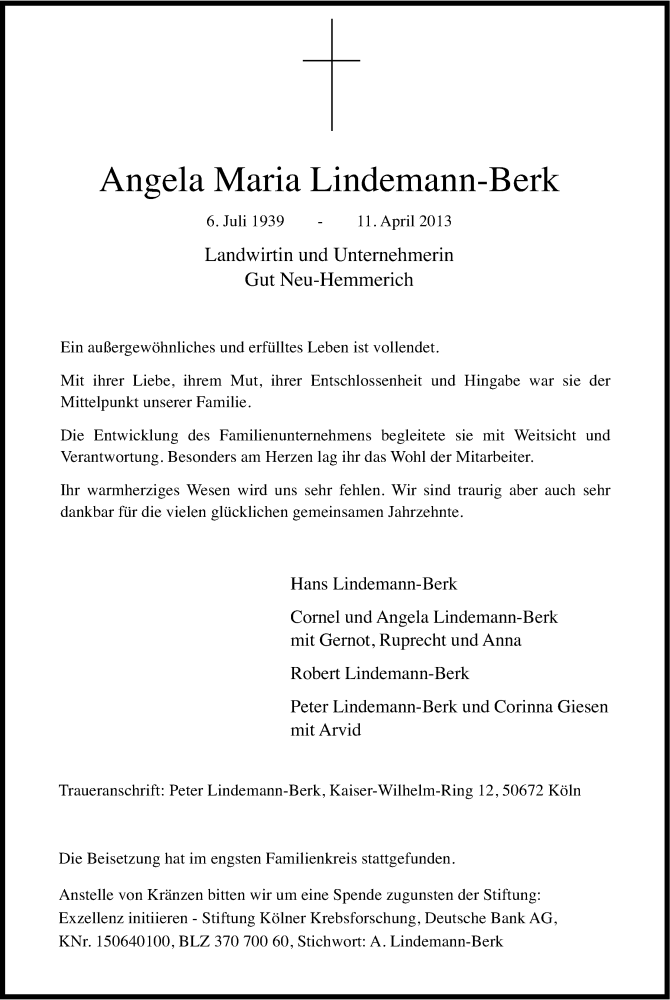  Traueranzeige für Angela Maria Lindemann-Berk vom 20.04.2013 aus Kölner Stadt-Anzeiger / Kölnische Rundschau / Express