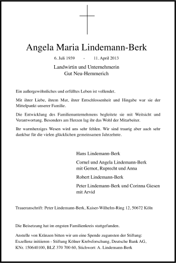 Anzeige von Angela Maria Lindemann-Berk von Kölner Stadt-Anzeiger / Kölnische Rundschau / Express