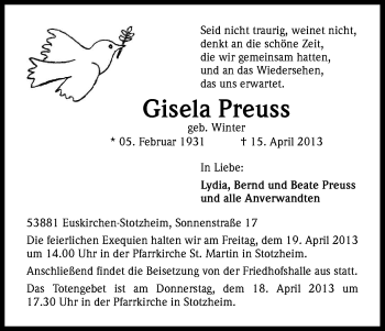 Anzeige von Gisela Preuss von Kölner Stadt-Anzeiger / Kölnische Rundschau / Express