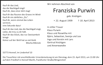 Anzeige von Franziska Purwin von Kölner Stadt-Anzeiger / Kölnische Rundschau / Express