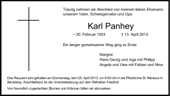 Anzeige von Karl Panhey von Kölner Stadt-Anzeiger / Kölnische Rundschau / Express
