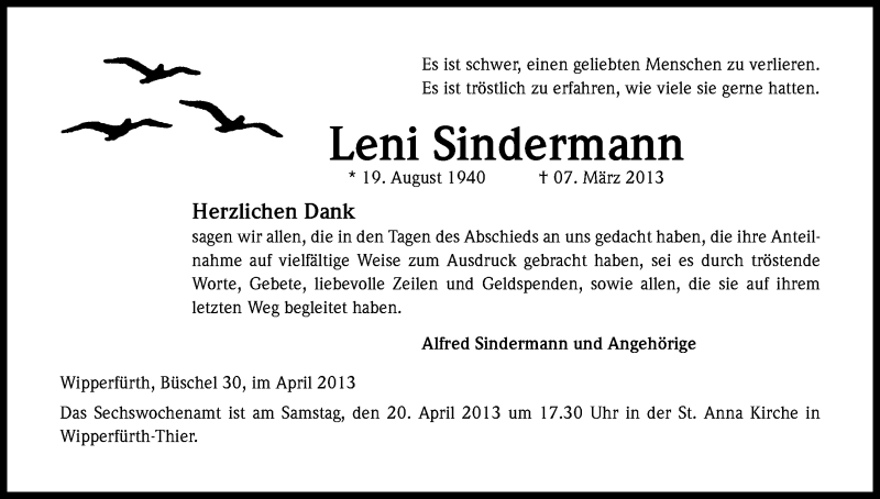  Traueranzeige für Leni Sindermann vom 18.04.2013 aus Kölner Stadt-Anzeiger / Kölnische Rundschau / Express