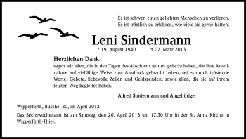 Anzeige von Leni Sindermann von Kölner Stadt-Anzeiger / Kölnische Rundschau / Express
