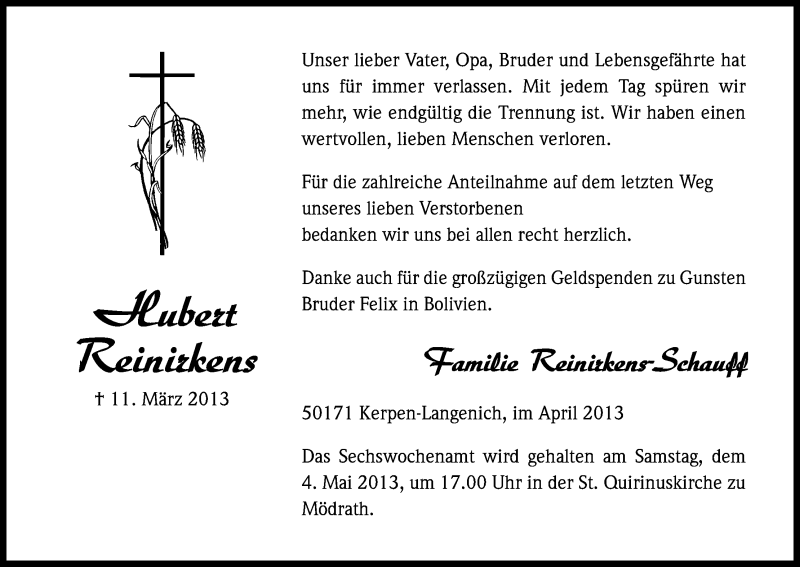  Traueranzeige für Hubert Reinirkens vom 27.04.2013 aus Kölner Stadt-Anzeiger / Kölnische Rundschau / Express