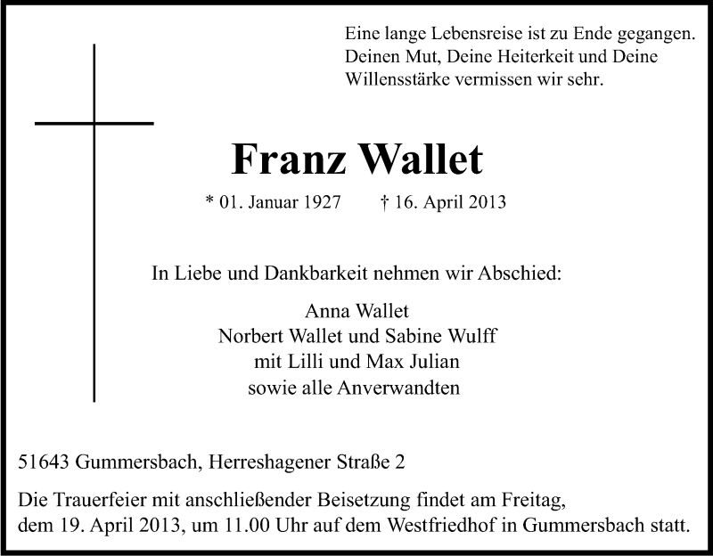  Traueranzeige für Franz Wallet vom 18.04.2013 aus Kölner Stadt-Anzeiger / Kölnische Rundschau / Express