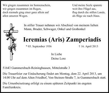 Anzeige von Ieremias Zamperiadis von Kölner Stadt-Anzeiger / Kölnische Rundschau / Express