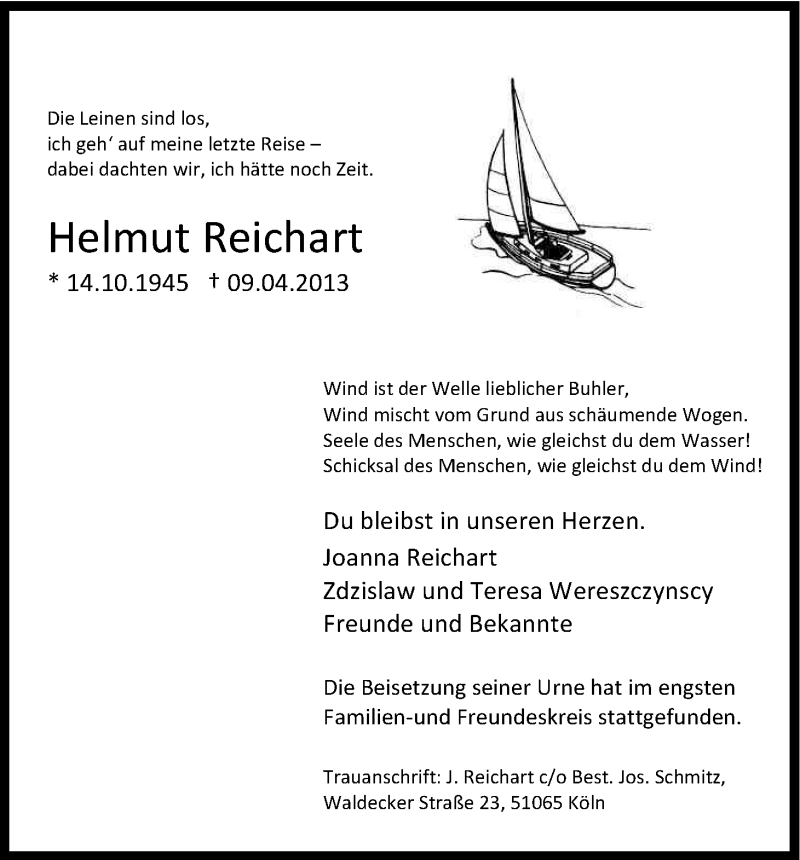  Traueranzeige für Helmut Reichart vom 20.04.2013 aus Kölner Stadt-Anzeiger / Kölnische Rundschau / Express