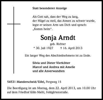 Anzeige von Sonja Arndt von Kölner Stadt-Anzeiger / Kölnische Rundschau / Express