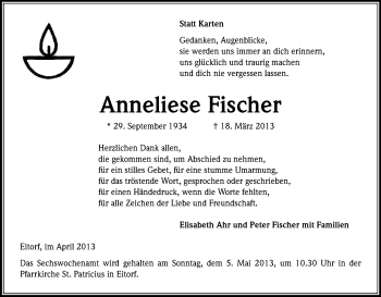 Anzeige von Anneliese Fischer von Kölner Stadt-Anzeiger / Kölnische Rundschau / Express
