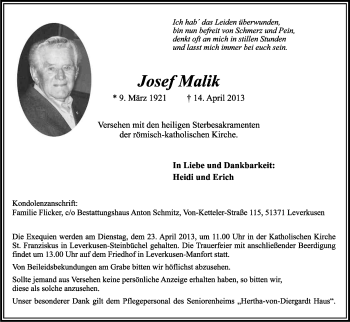 Anzeige von Josef Malik von Kölner Stadt-Anzeiger / Kölnische Rundschau / Express