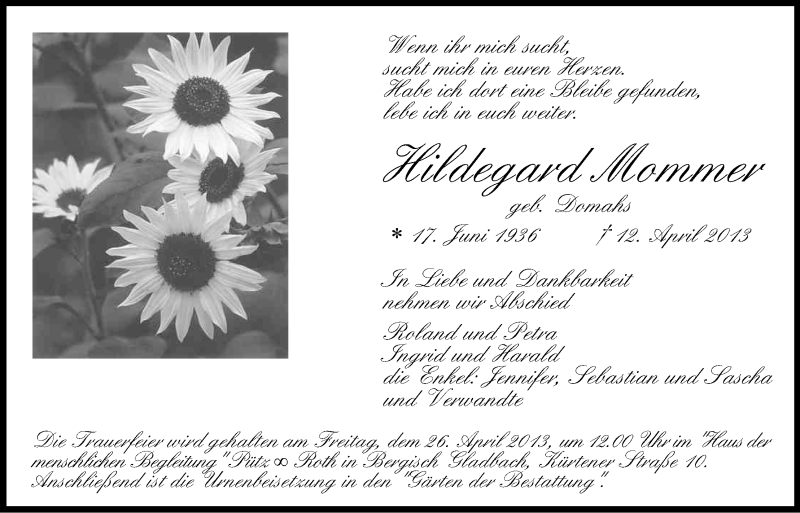  Traueranzeige für Hildegard Mommer vom 20.04.2013 aus Kölner Stadt-Anzeiger / Kölnische Rundschau / Express