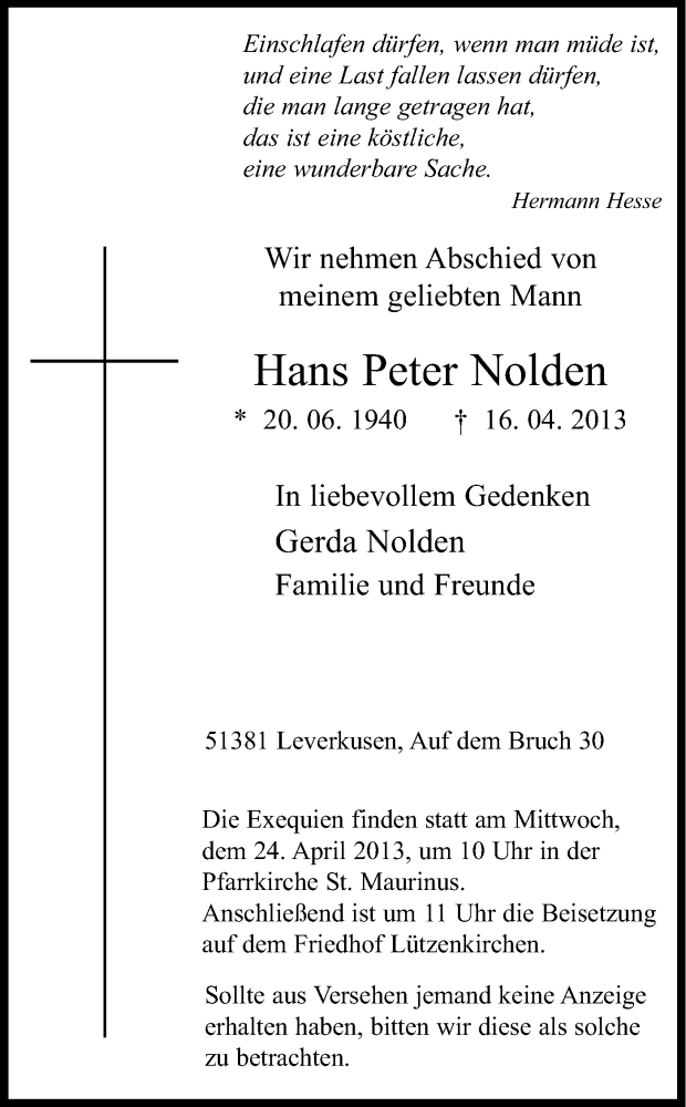  Traueranzeige für Hans Peter Nolden vom 20.04.2013 aus Kölner Stadt-Anzeiger / Kölnische Rundschau / Express