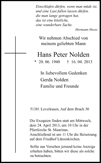 Anzeige von Hans Peter Nolden von Kölner Stadt-Anzeiger / Kölnische Rundschau / Express