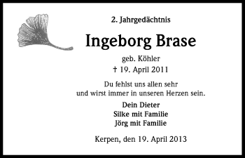 Anzeige von Ingeborg Brase von Kölner Stadt-Anzeiger / Kölnische Rundschau / Express