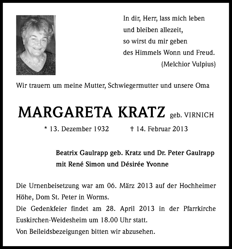  Traueranzeige für Margareta Kratz vom 20.04.2013 aus Kölner Stadt-Anzeiger / Kölnische Rundschau / Express