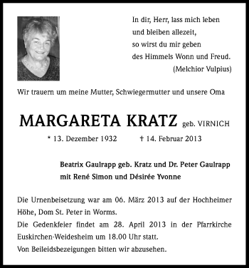 Anzeige von Margareta Kratz von Kölner Stadt-Anzeiger / Kölnische Rundschau / Express