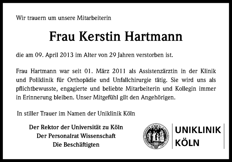  Traueranzeige für Kerstin Hartmann vom 19.04.2013 aus Kölner Stadt-Anzeiger / Kölnische Rundschau / Express