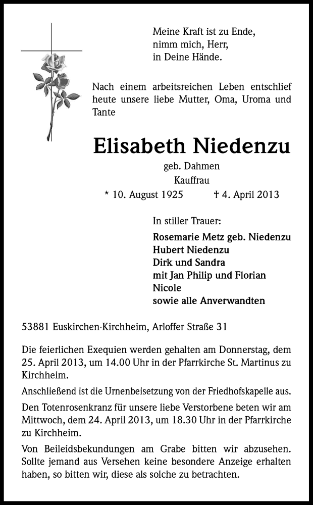  Traueranzeige für Elisabeth Niedenzu vom 19.04.2013 aus Kölner Stadt-Anzeiger / Kölnische Rundschau / Express