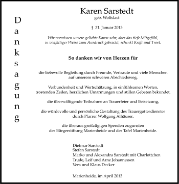 Anzeige von Karen Sarstedt von Kölner Stadt-Anzeiger / Kölnische Rundschau / Express